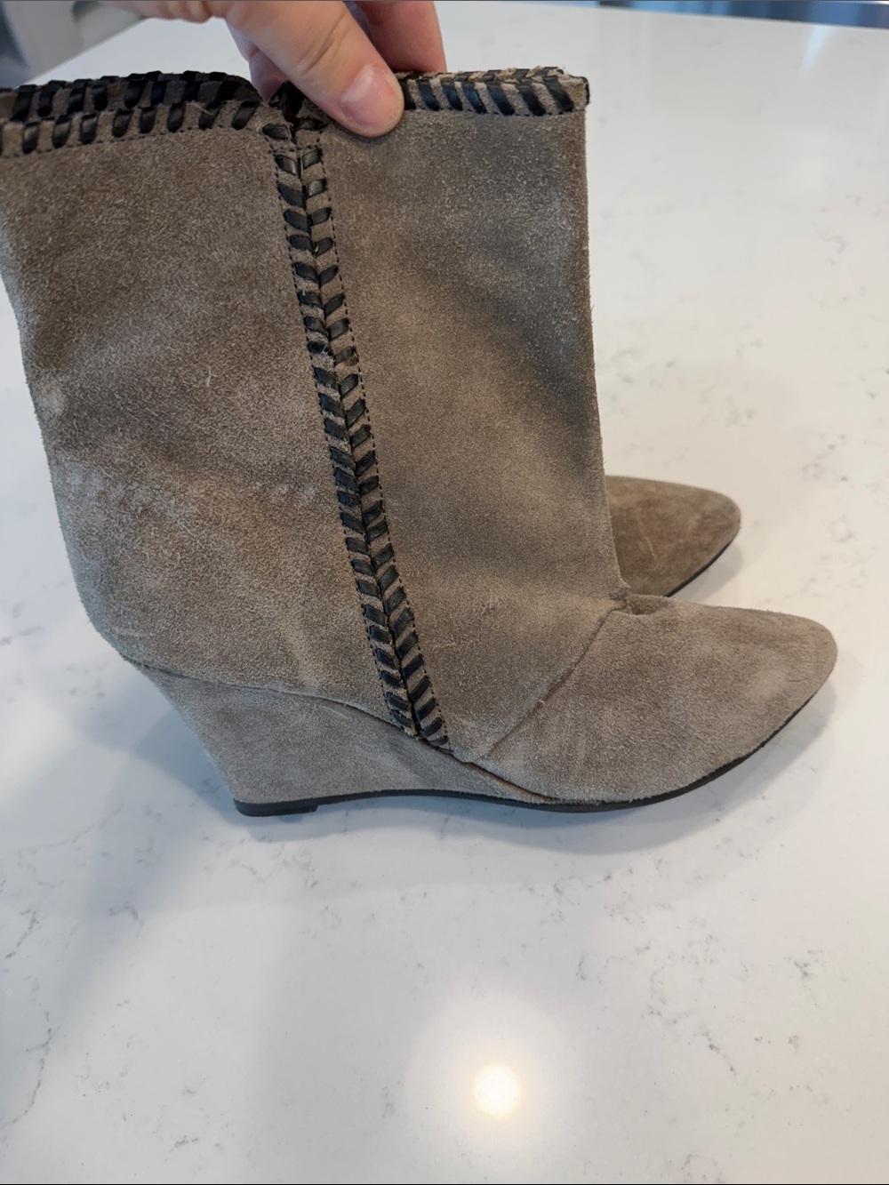 Charles David Taupe Suede Wedge Ankle Boots with Braided Trim